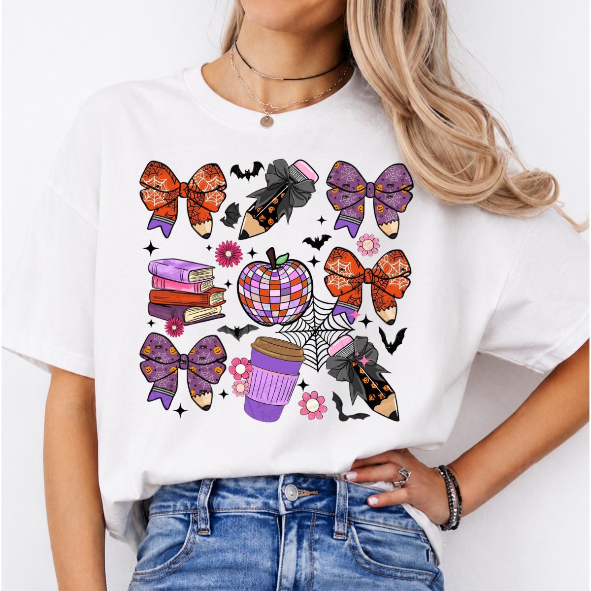 Halloween Teacher T-Shirt Spooky Bow Pencil Disco Apple Halloween Classroom Women Cute Coquette