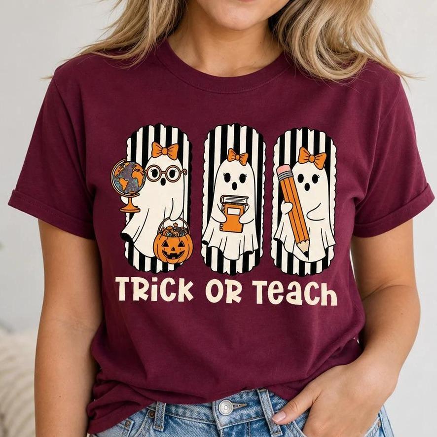 Halloween Teacher T-Shirt Trick Or Teach Spooky Classroom Unisex Cute Retro