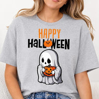 Happy Halloween Ghost T-Shirt Cute Pumpkin Graphic Spooky Season Fall Holiday Women Retro Cartoon