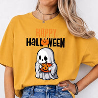 Happy Halloween Ghost T-Shirt Cute Pumpkin Graphic Spooky Season Fall Holiday Women Retro Cartoon