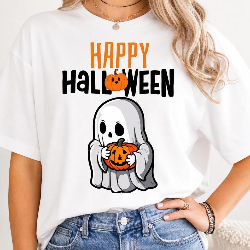 Happy Halloween Ghost T-Shirt Cute Pumpkin Graphic Spooky Season Fall Holiday Women Retro Cartoon