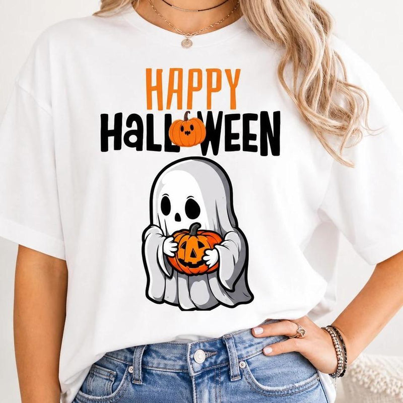 Happy Halloween Ghost T-Shirt Cute Pumpkin Graphic Spooky Season Fall Holiday Women Retro Cartoon