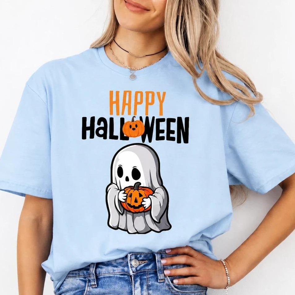 Happy Halloween Ghost T-Shirt Cute Pumpkin Graphic Spooky Season Fall Holiday Women Retro Cartoon