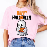 Happy Halloween Ghost T-Shirt Cute Pumpkin Graphic Spooky Season Fall Holiday Women Retro Cartoon