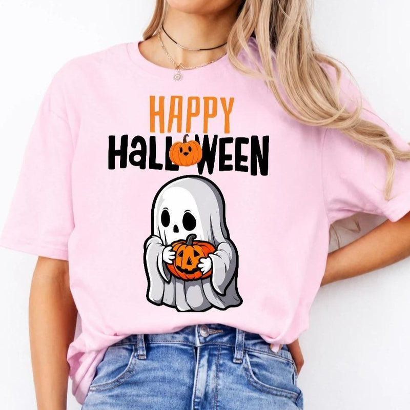 Happy Halloween Ghost T-Shirt Cute Pumpkin Graphic Spooky Season Fall Holiday Women Retro Cartoon