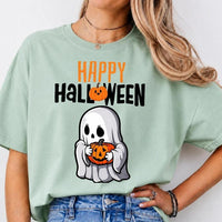 Happy Halloween Ghost T-Shirt Cute Pumpkin Graphic Spooky Season Fall Holiday Women Retro Cartoon