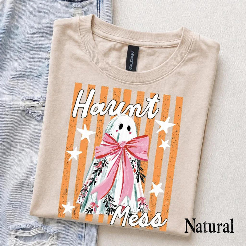 Haunt Mess Ghost Haunt Mess Pink Bow T-Shirt Spooky Season Halloween Fall Women Cute Coquette Retro