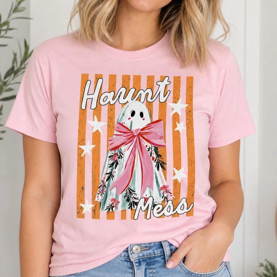 Haunt Mess Ghost Haunt Mess Pink Bow T-Shirt Spooky Season Halloween Fall Women Cute Coquette Retro