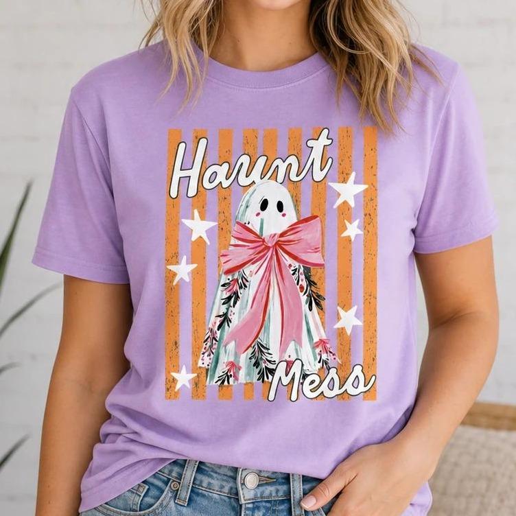 Haunt Mess Ghost Haunt Mess Pink Bow T-Shirt Spooky Season Halloween Fall Women Cute Coquette Retro