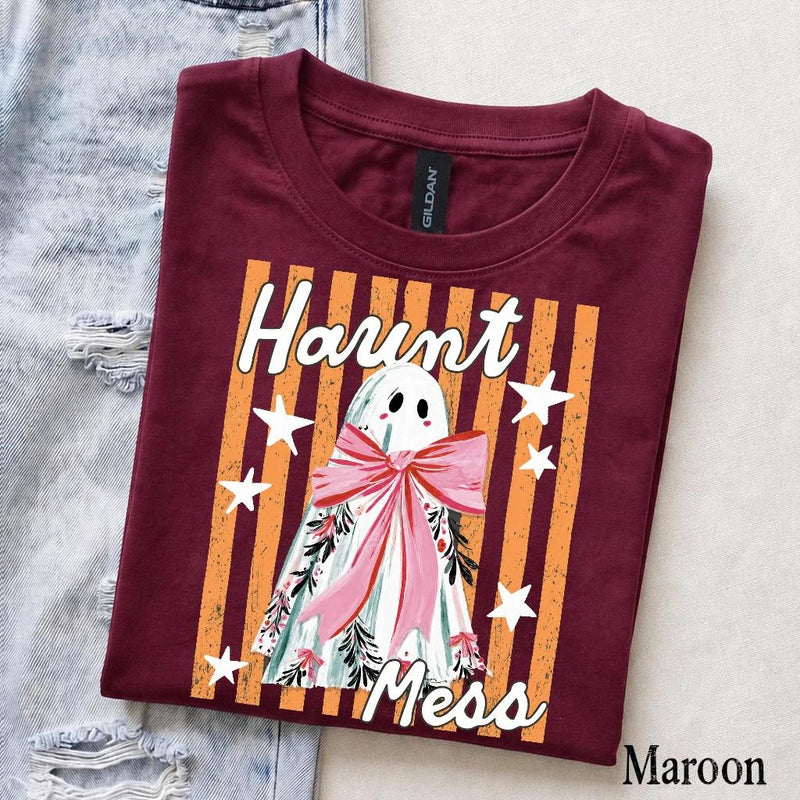 Haunt Mess Ghost Haunt Mess Pink Bow T-Shirt Spooky Season Halloween Fall Women Cute Coquette Retro