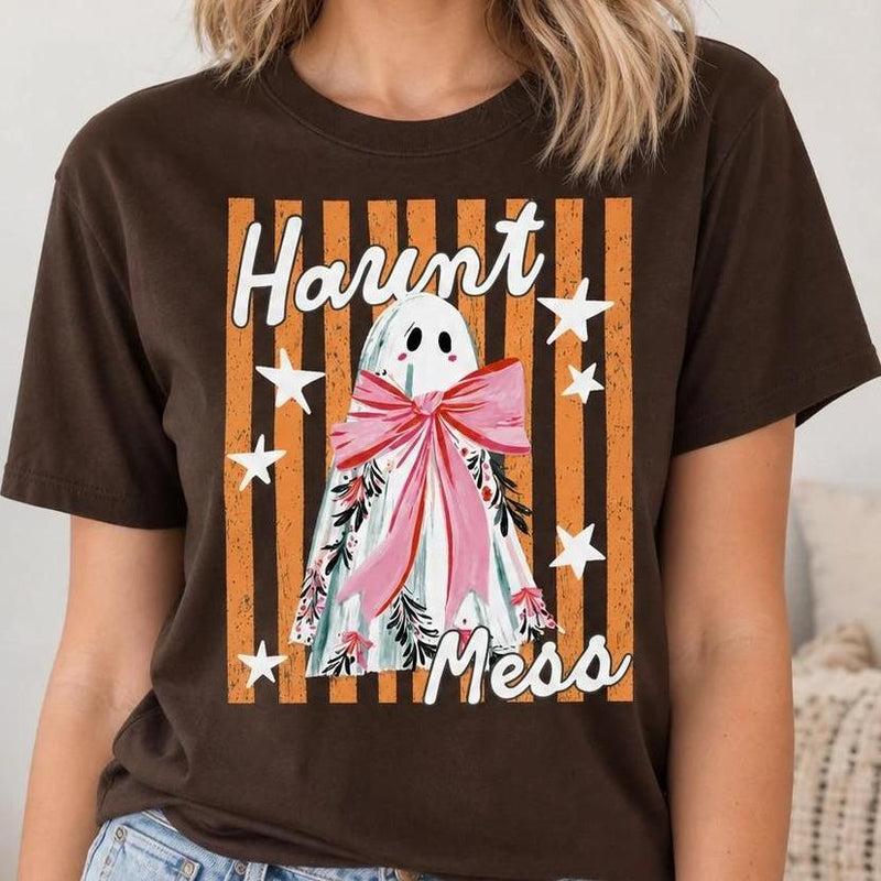 Haunt Mess Ghost Haunt Mess Pink Bow T-Shirt Spooky Season Halloween Fall Women Cute Coquette Retro