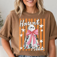 Haunt Mess Ghost Haunt Mess Pink Bow T-Shirt Spooky Season Halloween Fall Women Cute Coquette Retro