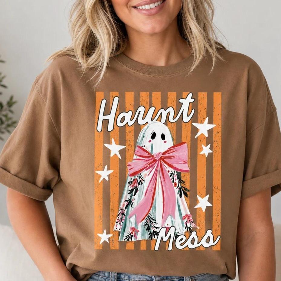 Haunt Mess Ghost Haunt Mess Pink Bow T-Shirt Spooky Season Halloween Fall Women Cute Coquette Retro