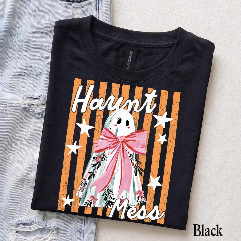 Haunt Mess Ghost Haunt Mess Pink Bow T-Shirt Spooky Season Halloween Fall Women Cute Coquette Retro