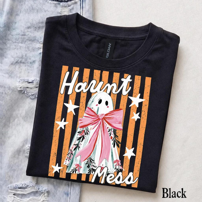 Haunt Mess Ghost Haunt Mess Pink Bow T-Shirt Spooky Season Halloween Fall Women Cute Coquette Retro