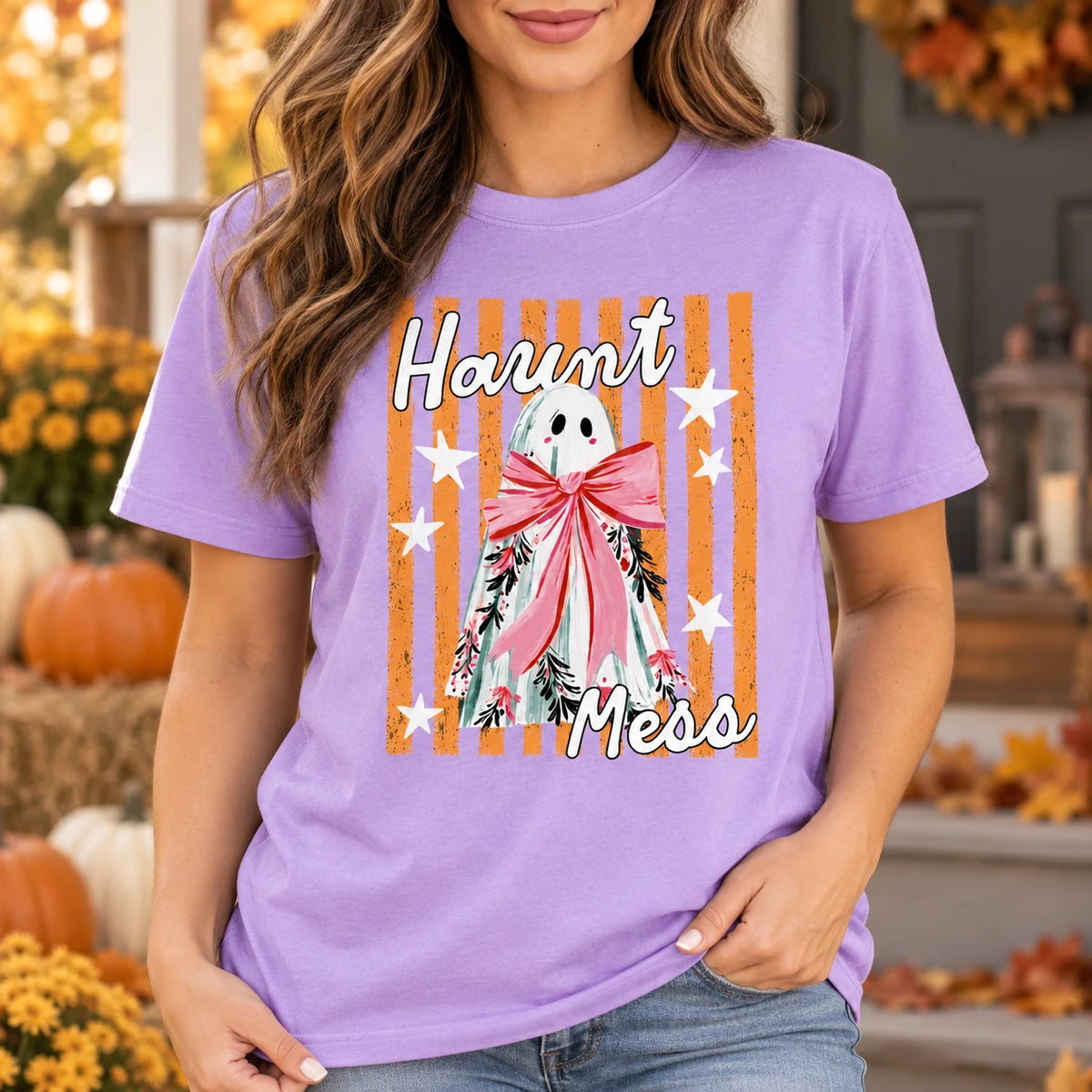 Haunt Mess Ghost T-Shirt Cute Pink Bow Spooky Season Graphic Tee Retro Fall Outfit for Women