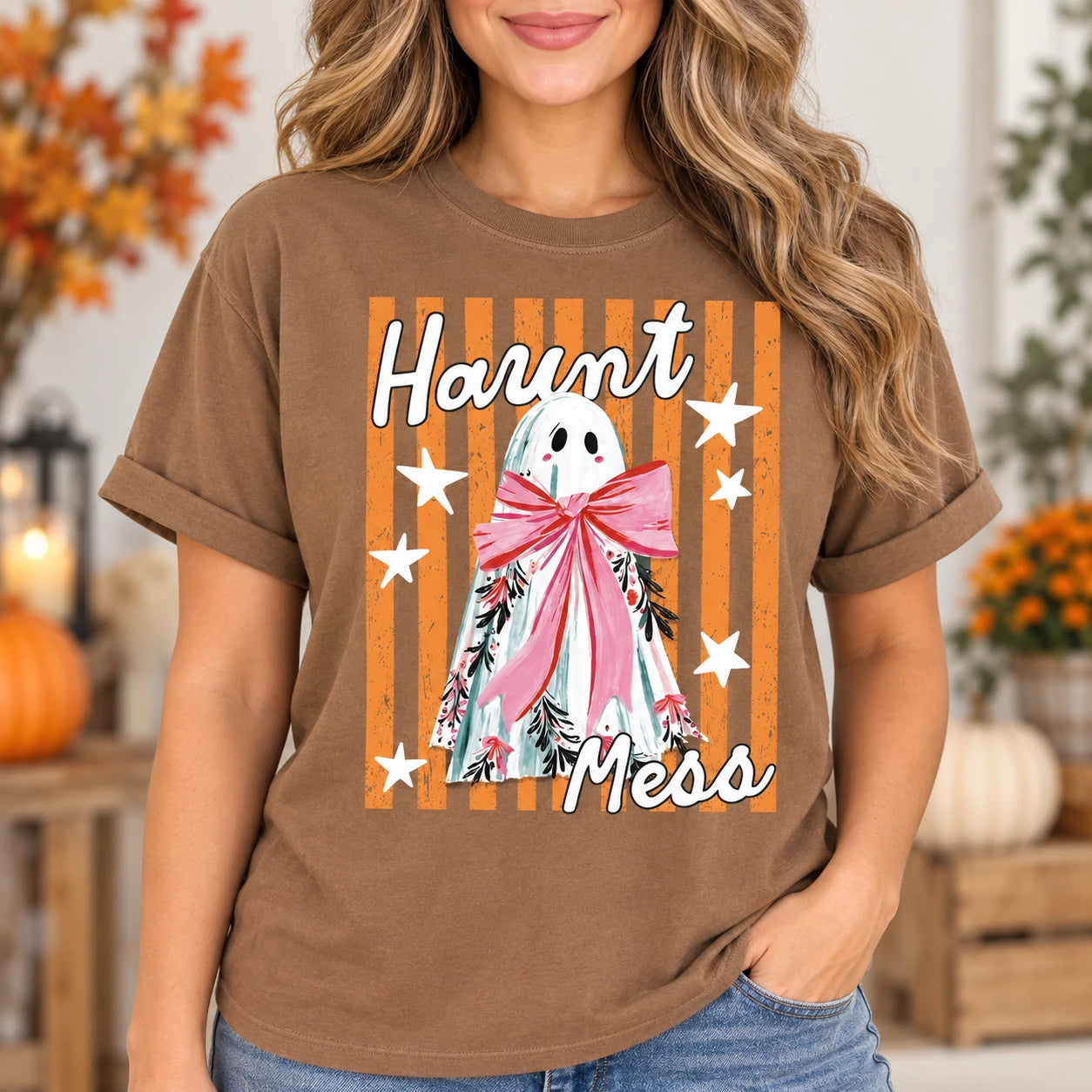 Haunt Mess Ghost T-Shirt Cute Pink Bow Spooky Season Graphic Tee Retro Fall Outfit for Women