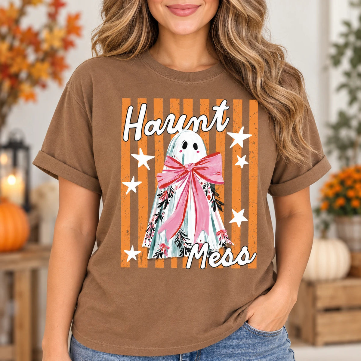 Haunt Mess Ghost T-Shirt Cute Pink Bow Spooky Season Graphic Tee Retro Fall Outfit for Women