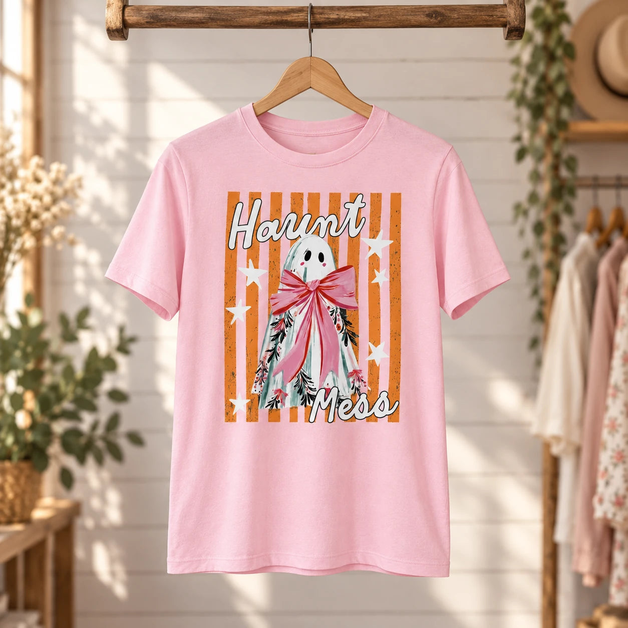 Haunt Mess Ghost T-Shirt Cute Pink Bow Spooky Season Graphic Tee Retro Fall Outfit for Women