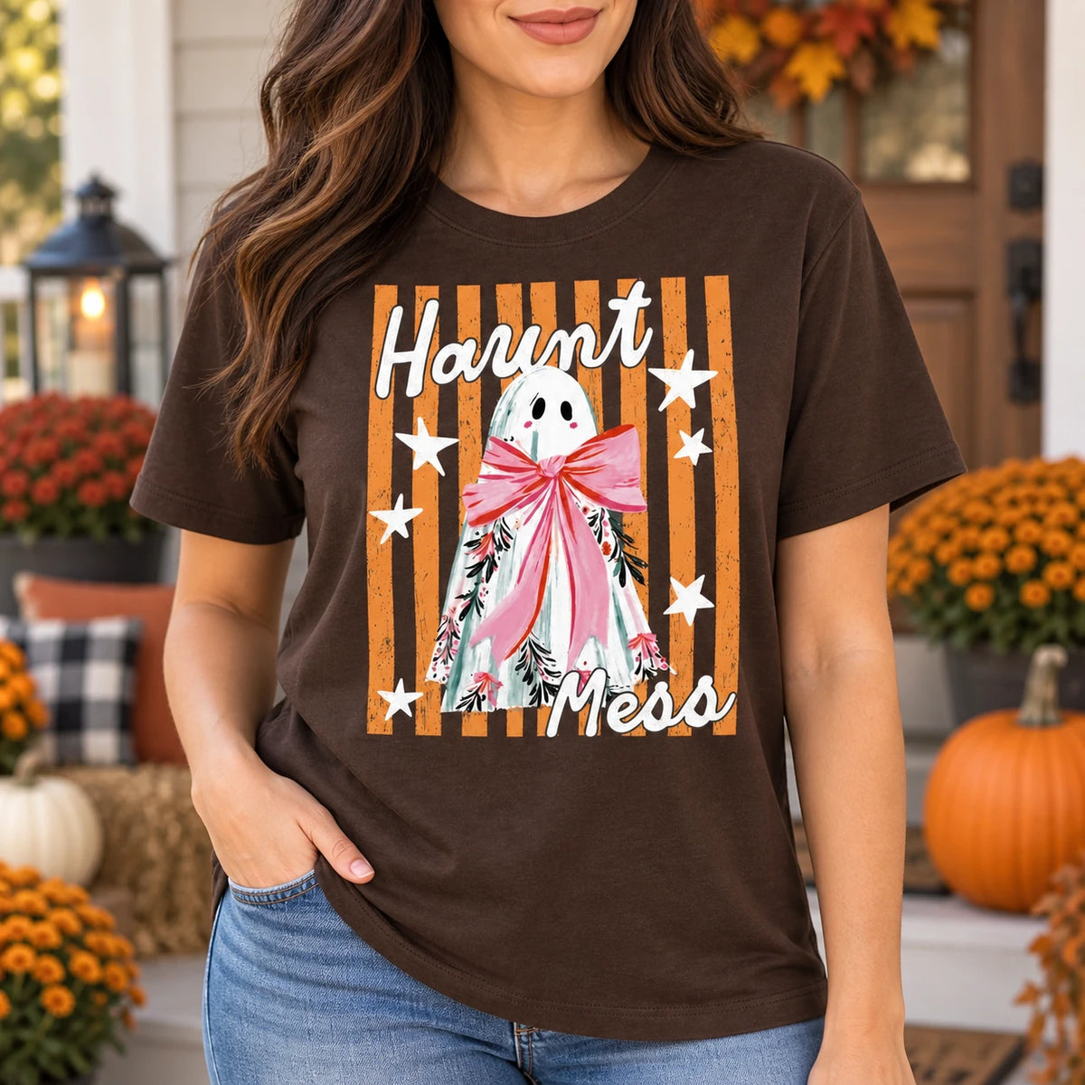Haunt Mess Ghost T-Shirt Cute Pink Bow Spooky Season Graphic Tee Retro Fall Outfit for Women