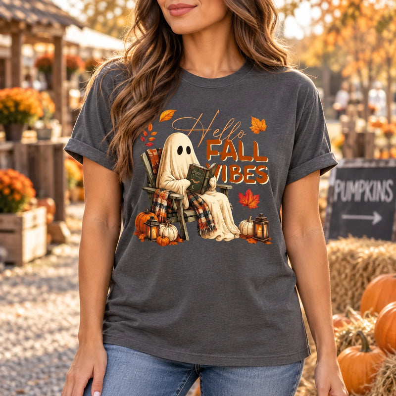 Hello Fall Vibes Ghost Graphic T-Shirt for Women Cute Pumpkin Season Autumn Tee