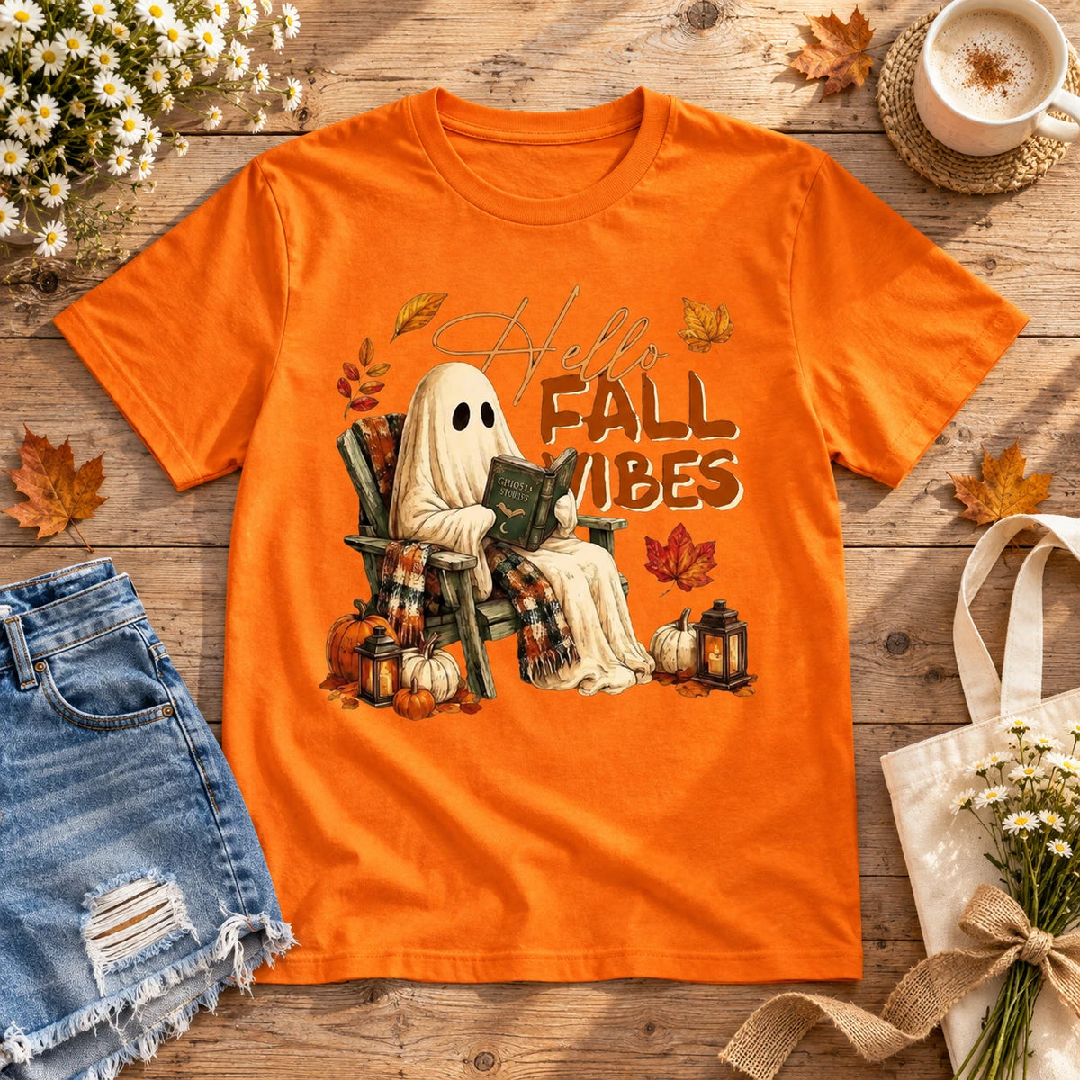 Hello Fall Vibes Ghost Graphic T-Shirt for Women Cute Pumpkin Season Autumn Tee