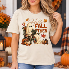 Hello Fall Vibes Ghost Graphic T-Shirt for Women Cute Pumpkin Season Autumn Tee