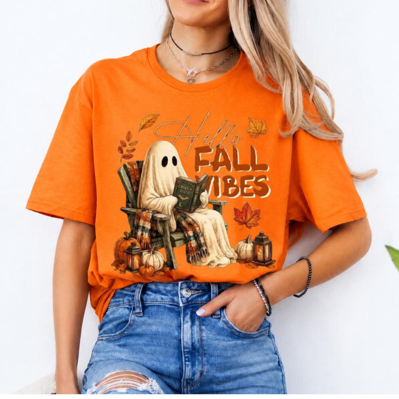 Hello Fall Vibes Ghost Hello Fall Vibes T-Shirt Fall Pumpkin Season Women Cute Vintage