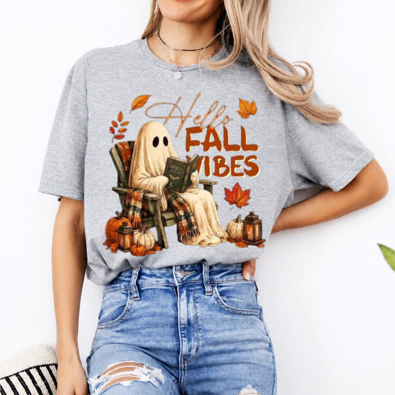 Hello Fall Vibes Ghost Hello Fall Vibes T-Shirt Fall Pumpkin Season Women Cute Vintage