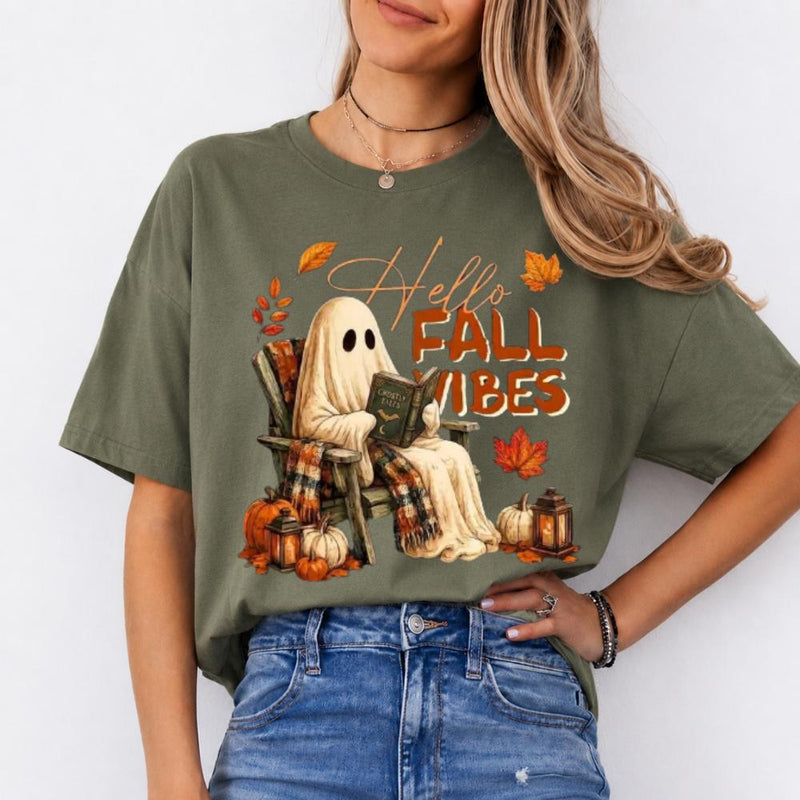 Hello Fall Vibes Ghost Hello Fall Vibes T-Shirt Fall Pumpkin Season Women Cute Vintage