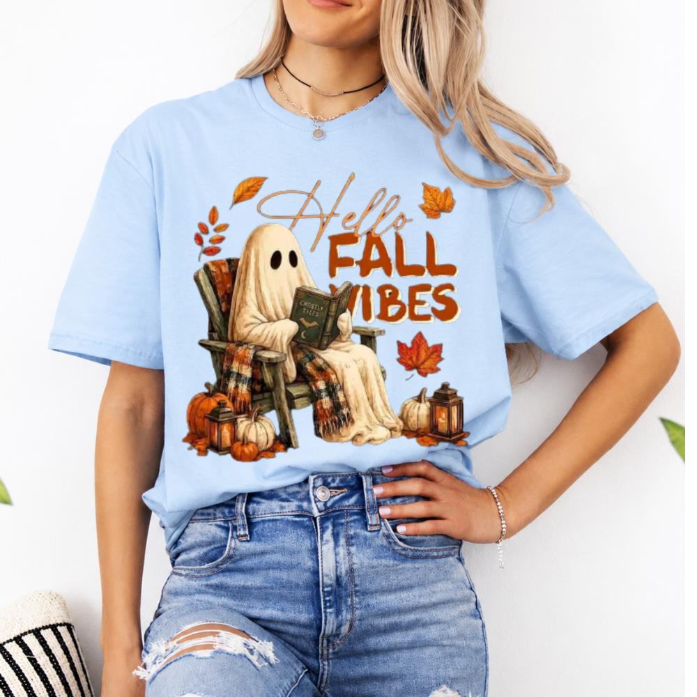 Hello Fall Vibes Ghost Hello Fall Vibes T-Shirt Fall Pumpkin Season Women Cute Vintage