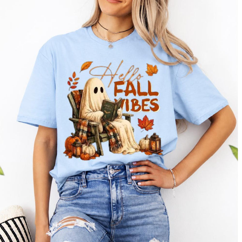 Hello Fall Vibes Ghost Hello Fall Vibes T-Shirt Fall Pumpkin Season Women Cute Vintage