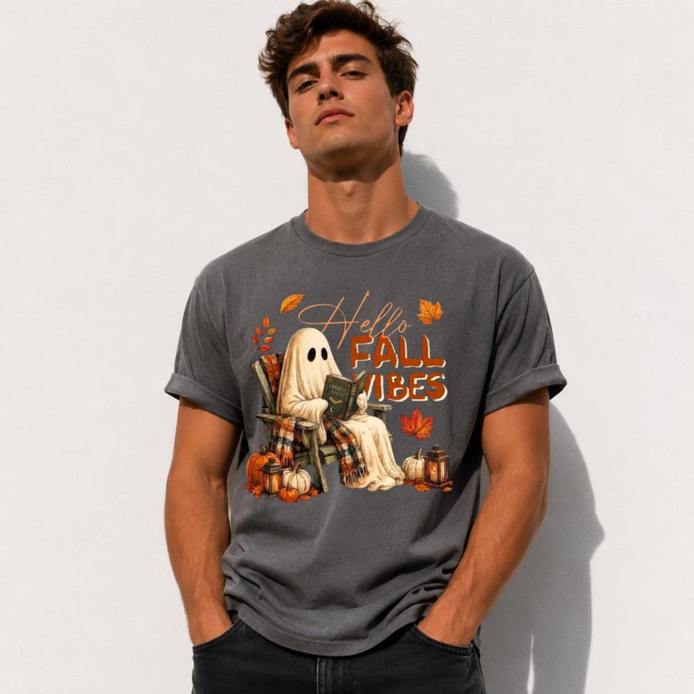 Hello Fall Vibes Ghost Hello Fall Vibes T-Shirt Fall Pumpkin Season Women Cute Vintage