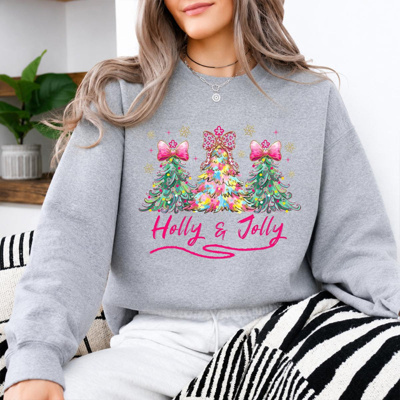 Holly Jolly Christmas Pink Bow Tree Sweatshirt Coquette Xmas Holiday Gift Women Cute Preppy Graphic