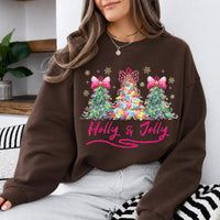 Holly Jolly Christmas Pink Bow Tree Sweatshirt Coquette Xmas Holiday Gift Women Cute Preppy Graphic
