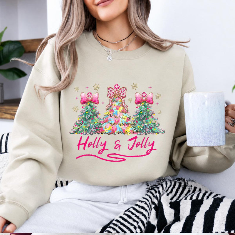 Holly Jolly Christmas Pink Bow Tree Sweatshirt Coquette Xmas Holiday Gift Women Cute Preppy Graphic