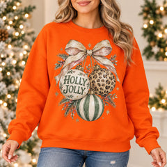 Holly Jolly Christmas Sweatshirt, Vintage Leopard Ornaments, Coquette Bow, Rustic Holiday Style for Women
