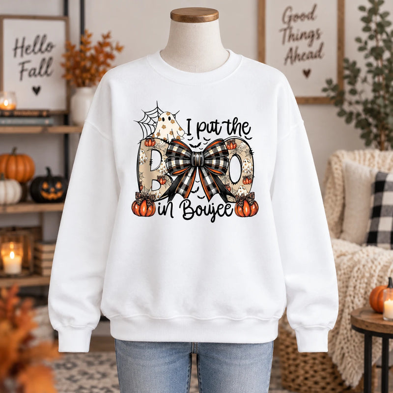 I Put The Boo In Boujee Graphic Halloween Apparel Cute Coquette Ghost Pumpkin Spooky Season Outfit