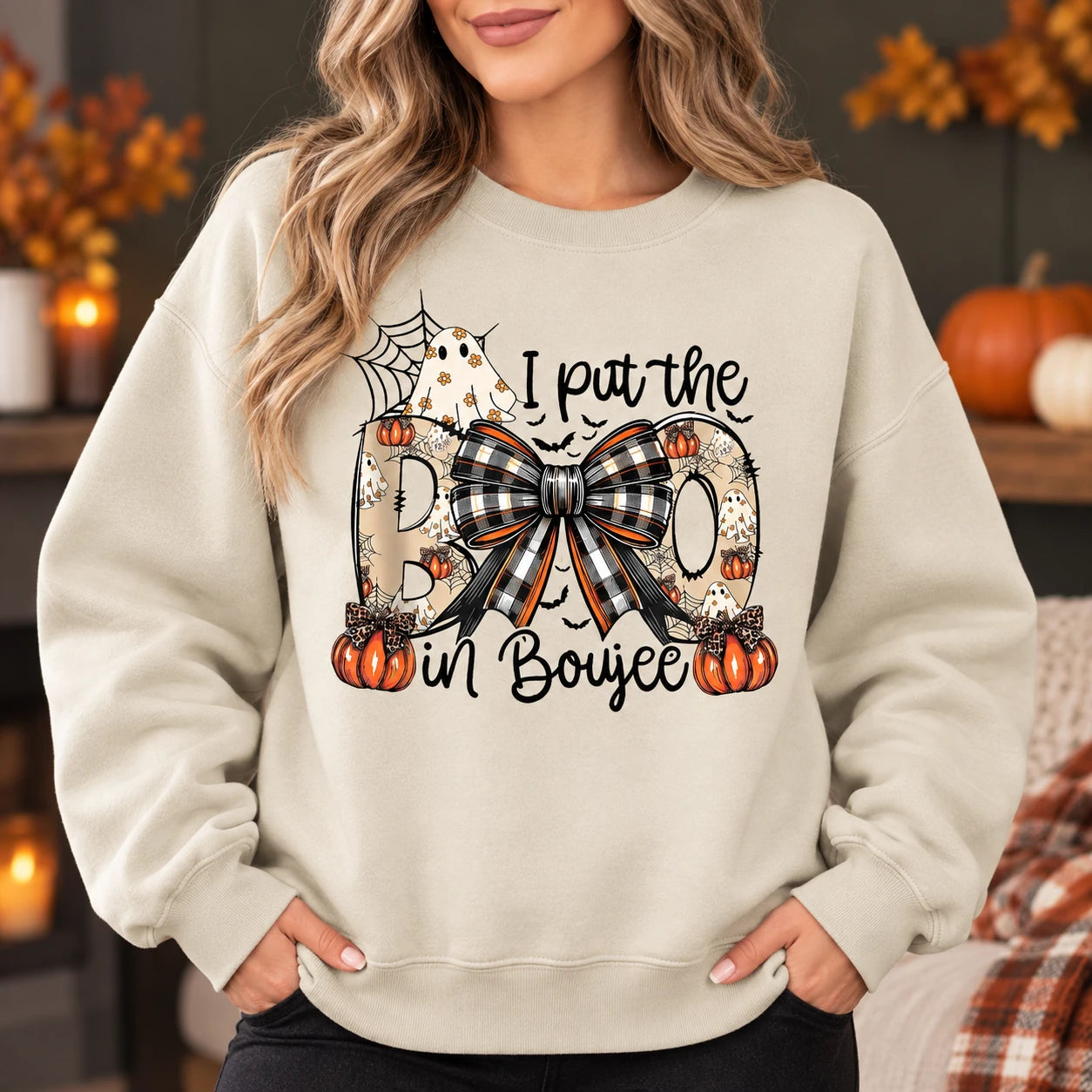 I Put The Boo In Boujee Graphic Halloween Apparel Cute Coquette Ghost Pumpkin Spooky Season Outfit