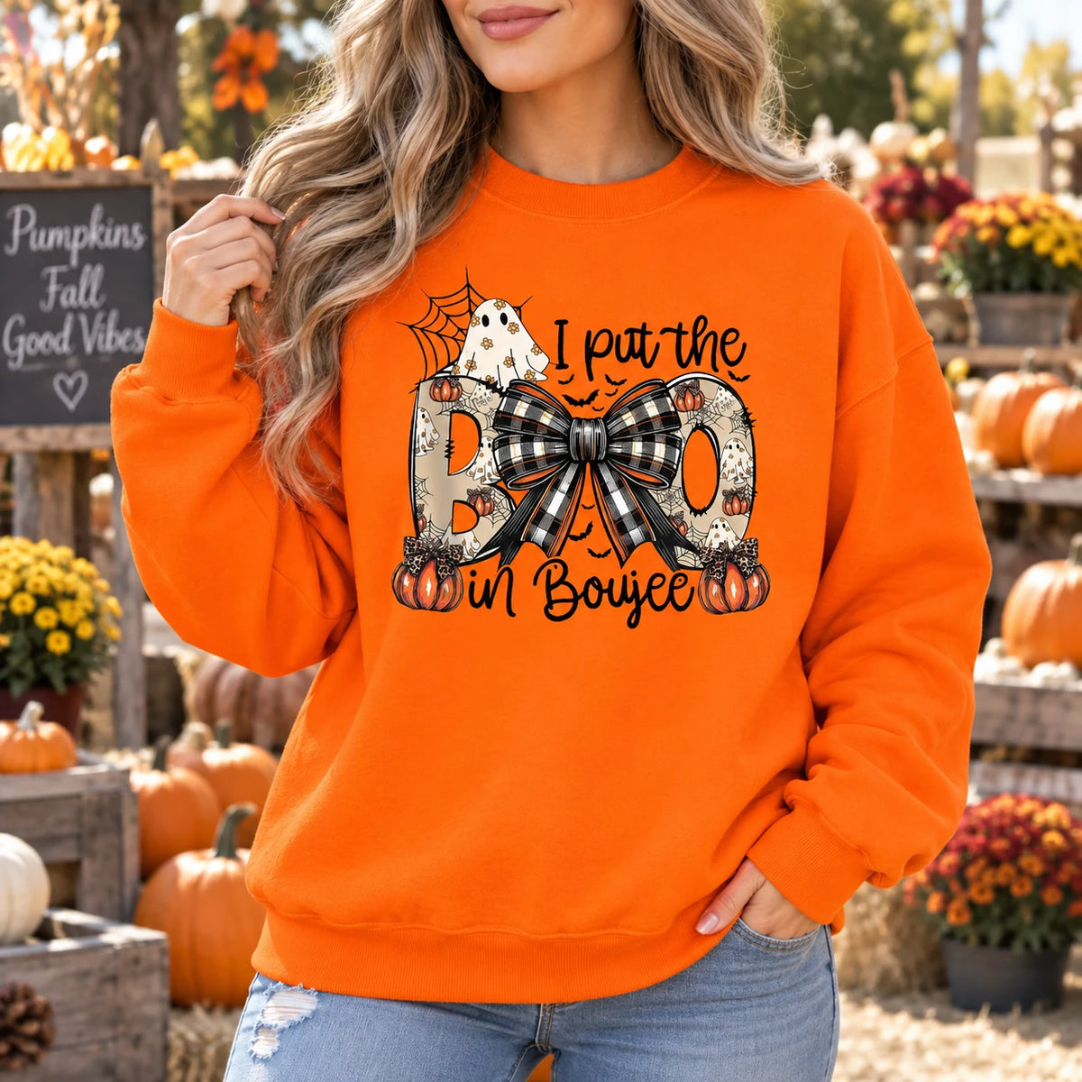 I Put The Boo In Boujee Graphic Halloween Apparel Cute Coquette Ghost Pumpkin Spooky Season Outfit