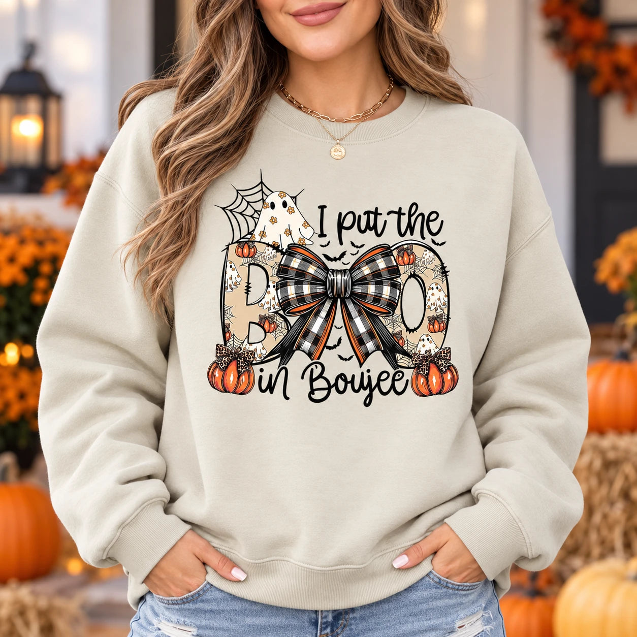 I Put The Boo In Boujee Graphic Halloween Apparel Cute Coquette Ghost Pumpkin Spooky Season Outfit