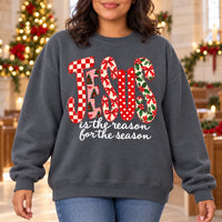 Jesus Is The Reason For The Season Sweatshirt, Retro Christmas Plaid Floral Print, Cute Christian Holiday Sweater, Faith Based Xmas for Women, Religious