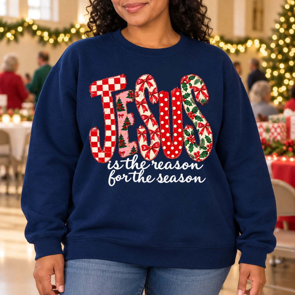Jesus Is The Reason For The Season Sweatshirt, Retro Christmas Plaid Floral Print, Cute Christian Holiday Sweater, Faith Based Xmas for Women, Religious