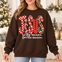 Jesus Is The Reason For The Season Sweatshirt, Retro Christmas Plaid Floral Print, Cute Christian Holiday Sweater, Faith Based Xmas for Women, Religious