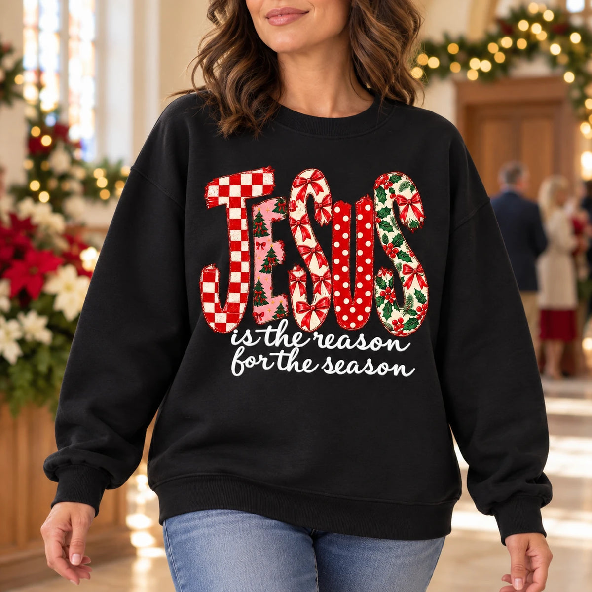 Jesus Is The Reason For The Season Sweatshirt, Retro Christmas Plaid Floral Print, Cute Christian Holiday Sweater, Faith Based Xmas for Women, Religious