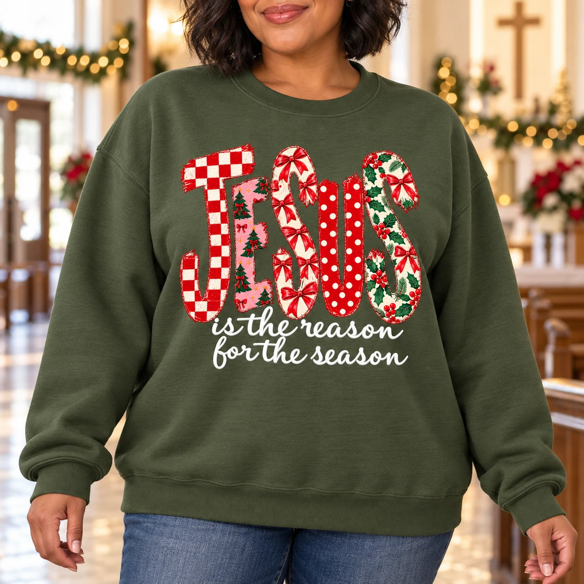 Jesus Is The Reason For The Season Sweatshirt, Retro Christmas Plaid Floral Print, Cute Christian Holiday Sweater, Faith Based Xmas for Women, Religious