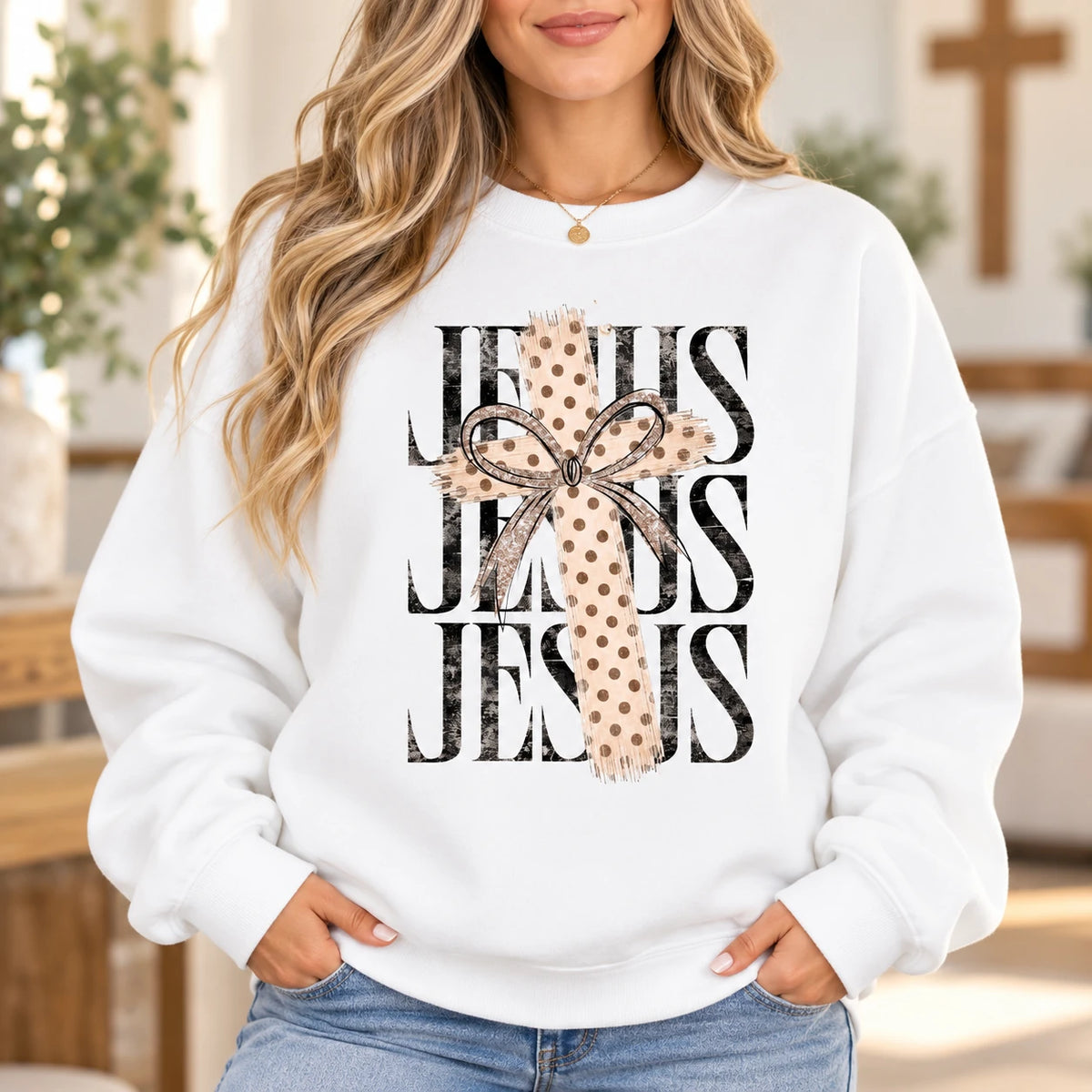 Jesus Sweatshirt For Women, Christian Cross Bow, Faith Graphic, Feminine Vintage Style