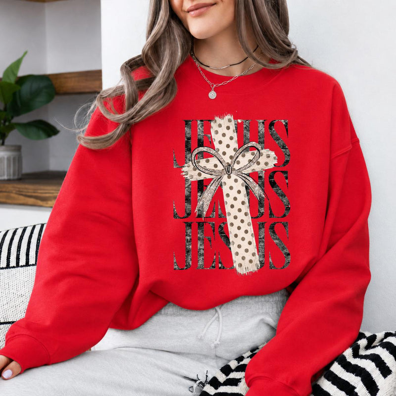 Jesus Sweatshirt For Women, Jesus Cross Bow Design, Christian Faith, Women, Coquette Vintage Style