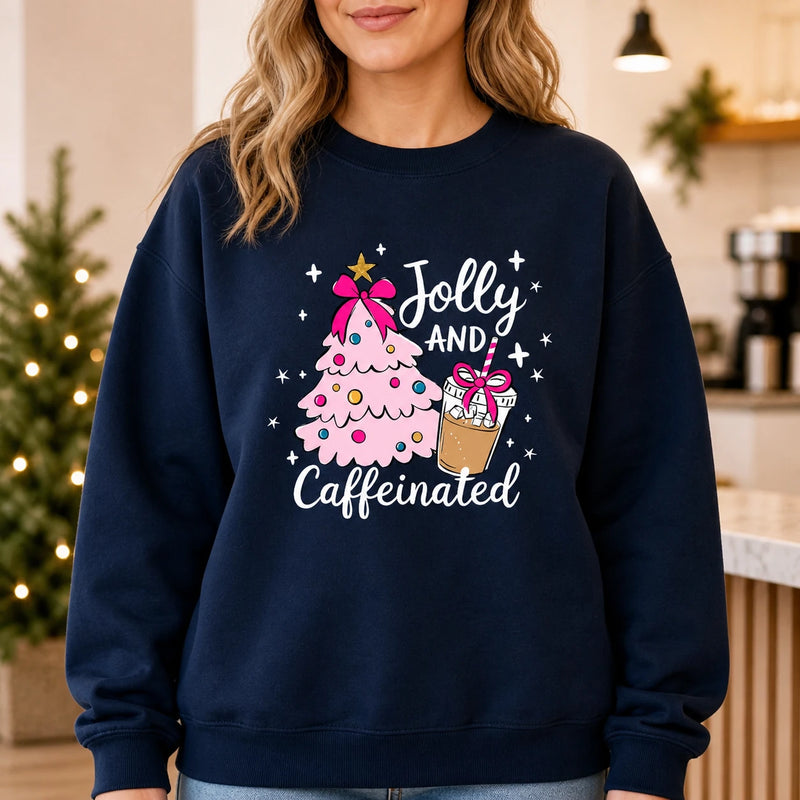 Jolly and Caffeinated Christmas Coffee Sweatshirt for Women Coffee Lovers Coquette Holiday Design