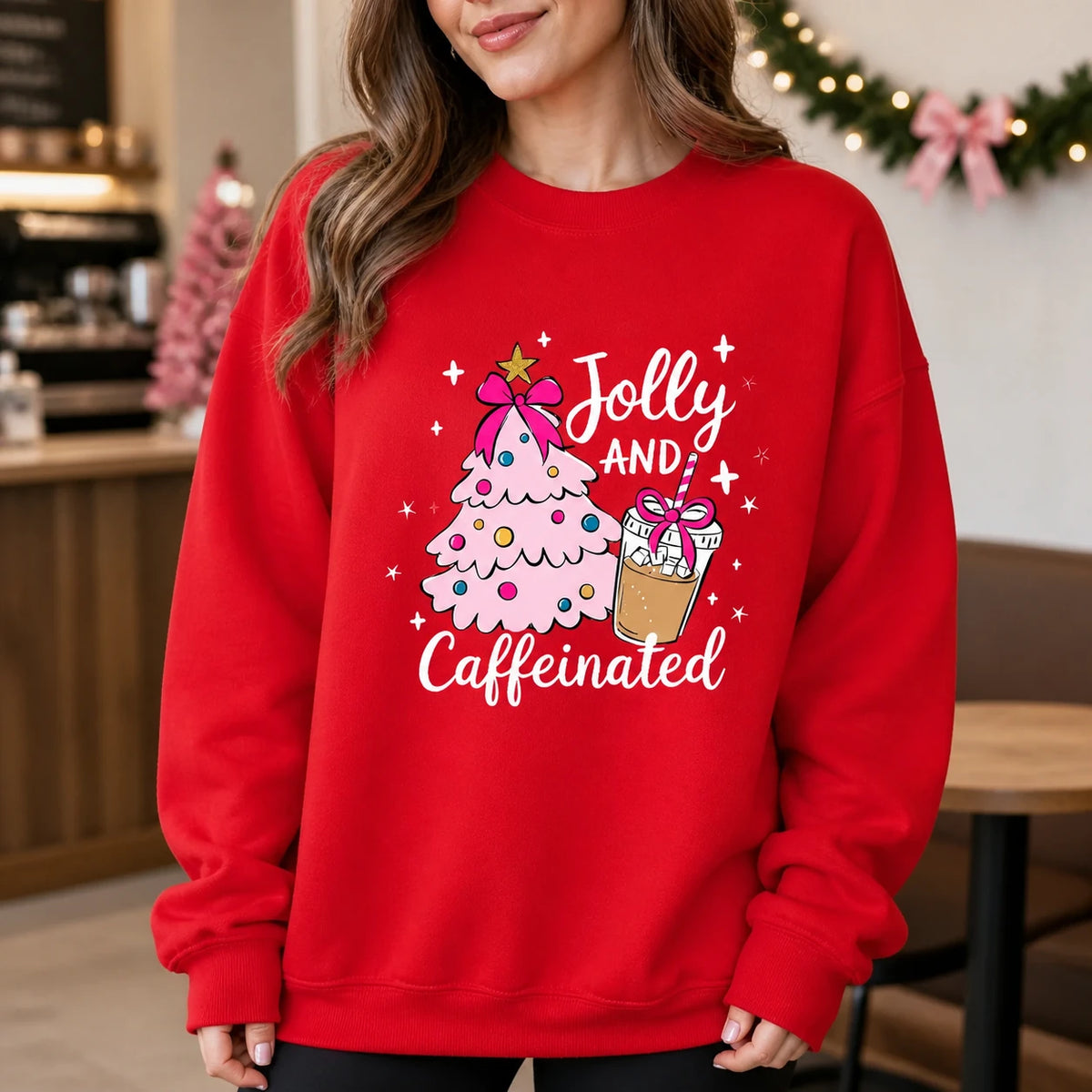 Jolly and Caffeinated Christmas Coffee Sweatshirt for Women Coffee Lovers Coquette Holiday Design